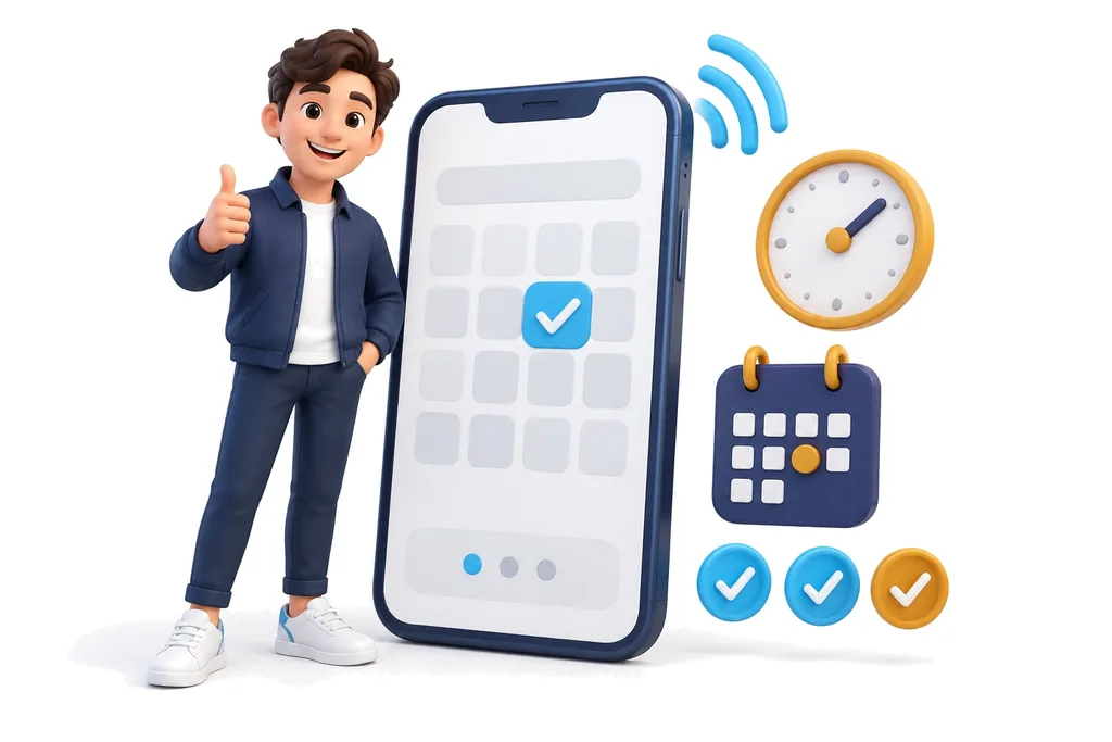 Illustration: a large phone shows a confirmed appointment while a patient gives a thumbs up