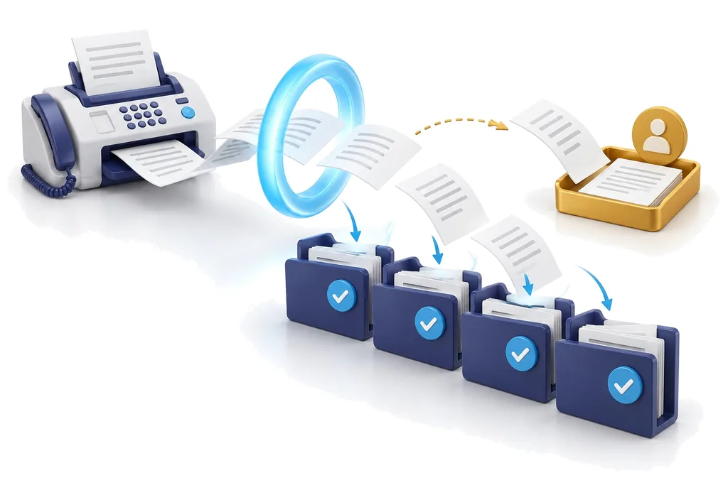 Illustration: faxes pass through a scanner ring into navy chart folders, one sheet set aside for a person