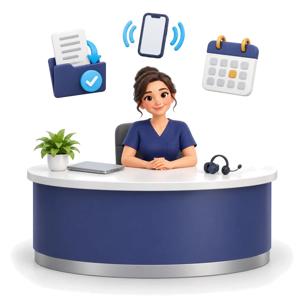 Illustration: a relaxed front-desk team member at a clinic reception desk, with a fax being filed, a phone and a calendar floating above