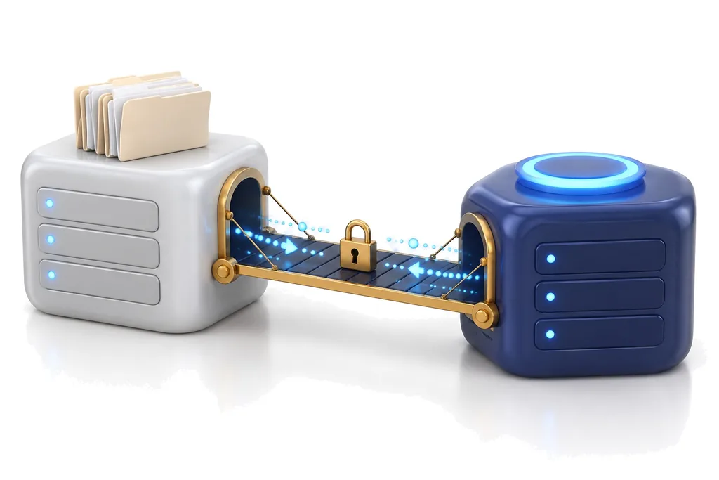 Illustration: a small navy drawbridge with a padlock connects a records system block to the Drawbridge block