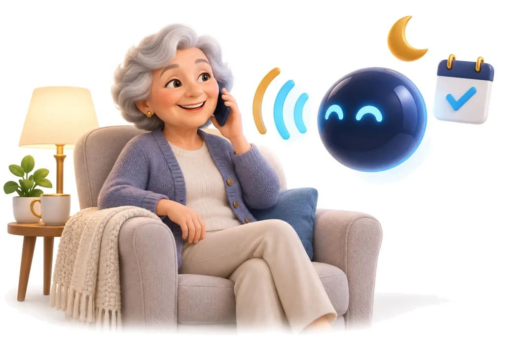 Illustration: an older woman at home on the phone with a friendly AI voice assistant
