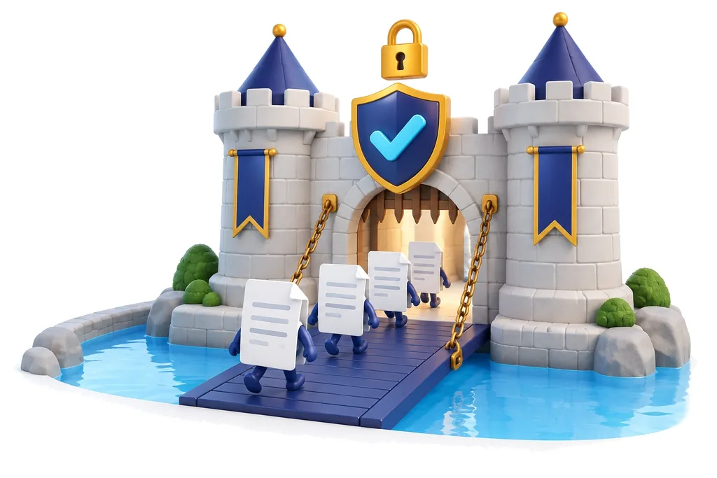 Illustration: a castle gate with its drawbridge lowered over a moat, guarded by a shield with a checkmark