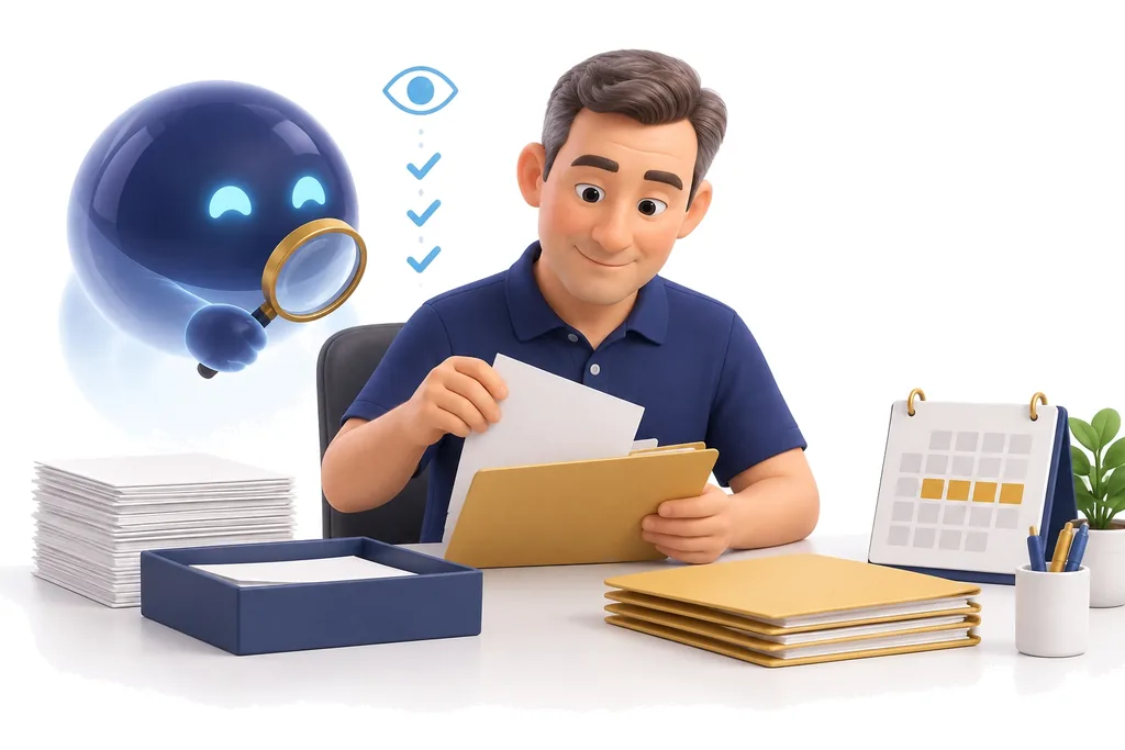 Illustration: a staff member sorts documents as usual while a friendly AI helper learns alongside