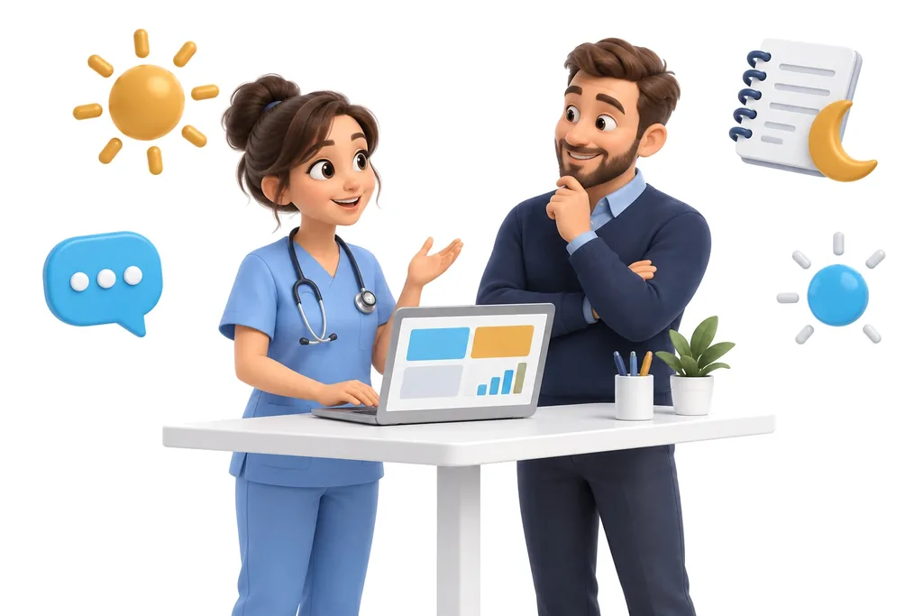 Illustration: a nurse and a practice manager review a dashboard together, with a sunrise, a notebook and a chat bubble around them
