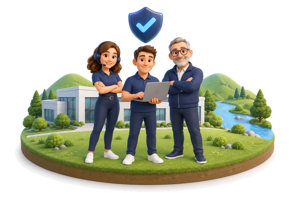 Illustration: a small local IT team stands in front of their office, with mountains behind them